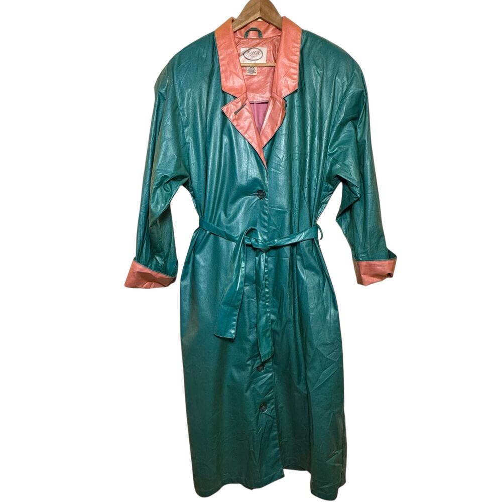 Vintage Jo Fox Boston Teal and Peach Shimmer Belted Trench Rain Coat Size Medium